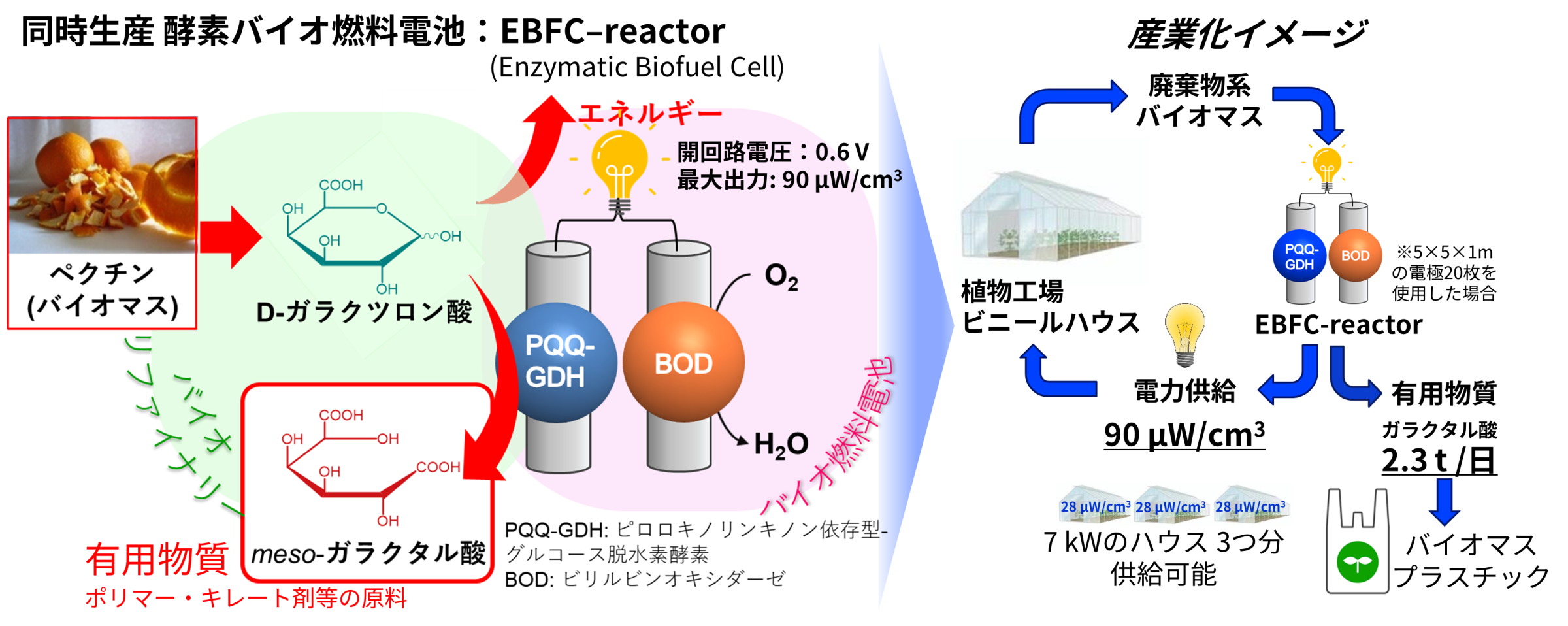 同時生産酵素バイオ燃料電池概要と産業化のイメージ