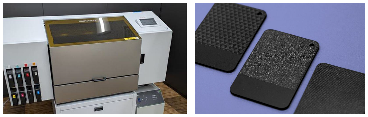 UV厚手プリンターとテクスチャサンプルの画像