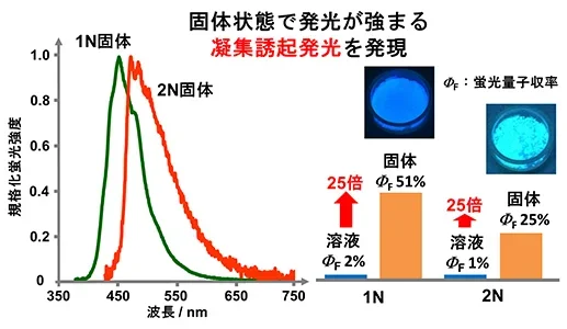 図3 開発材料(1N、 2N)が示す凝集誘起発光特性の画像