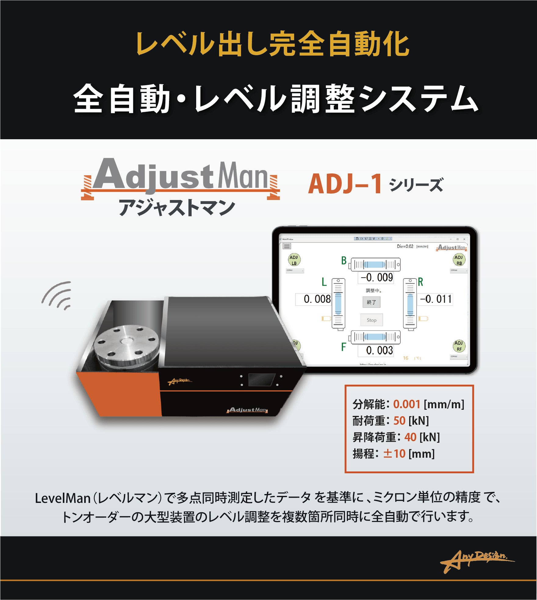 全自動・レベル調整システム「AdjustMan(アジャストマン)」本体とタブレットPCの写真